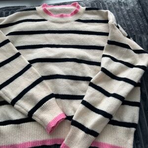 Cream & Black Striped Sweater with Pink Trim - Women's Sweater